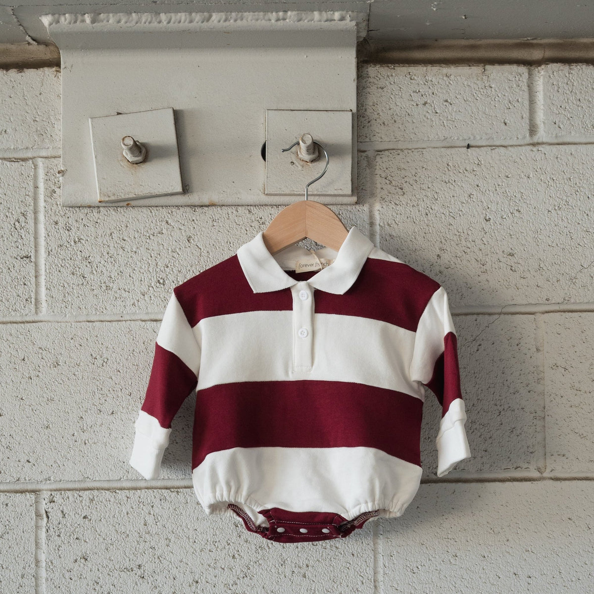 Forever French Baby Rugby Sweatshirt Romper in Deep Cranberry