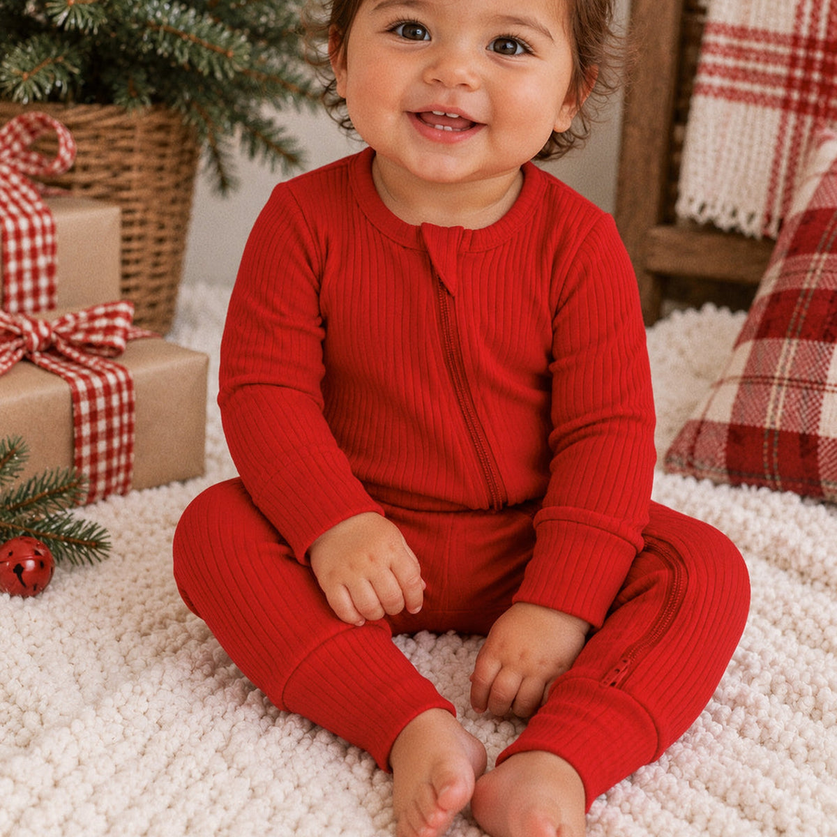 Baby in Red Ribbed Zip Romper on Christmas morning