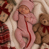 Newborn in Red Stripe Ribbed Zip Footie and matching beanie