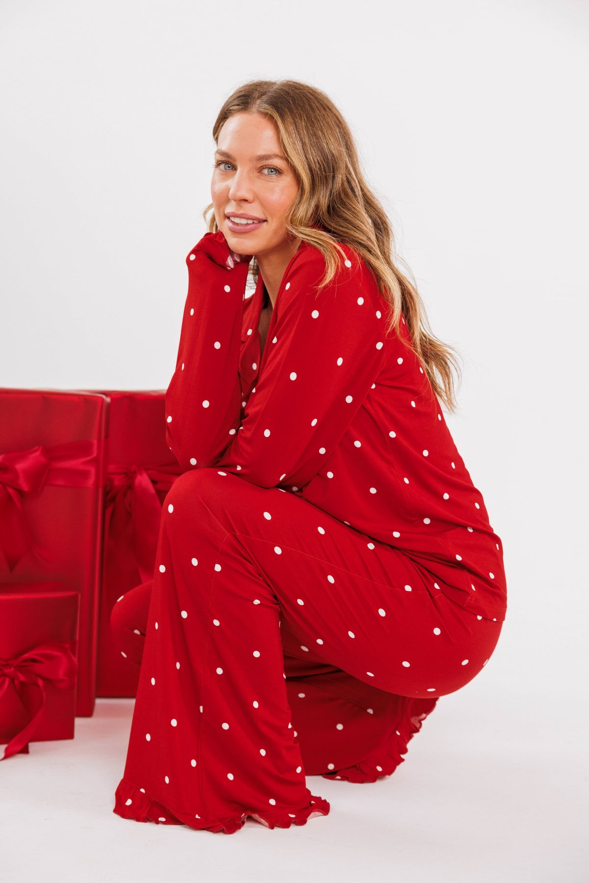 Ruby Polka Dot Women's Long Sleeve Ruffle Set flat lay